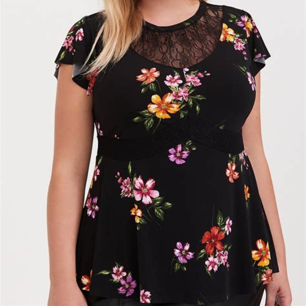 TORRID - Black Floral Studio Knit Lace Yoke Peplum Top - Size 2